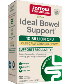 Box of Jarrow Formulas Vegan Ideal Bowel Support probiotic supplement with 10 billion CFU, supporting regularity and reduction of bloating, gas, and gut discomfort, containing 30 veggie capsules, non-GMO, gluten-free, and dairy-free