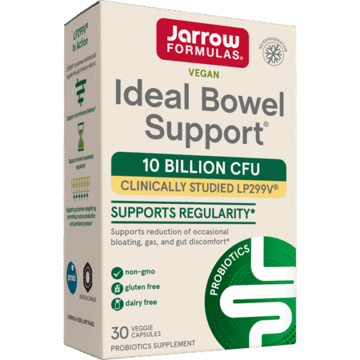Box of Jarrow Formulas Vegan Ideal Bowel Support probiotic supplement with 10 billion CFU, supporting regularity and reduction of bloating, gas, and gut discomfort, containing 30 veggie capsules, non-GMO, gluten-free, and dairy-free