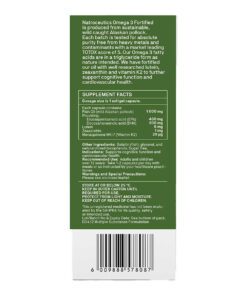 Supplement facts and product information for Naturoceutics Omega 3 Fortified showing dosage details, ingredients including fish oil, lutein, zeaxanthin, and vitamin K2, usage instructions, storage advice, and a barcode at the bottom.