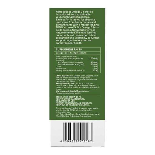 Supplement facts and product information for Naturoceutics Omega 3 Fortified showing dosage details, ingredients including fish oil, lutein, zeaxanthin, and vitamin K2, usage instructions, storage advice, and a barcode at the bottom.