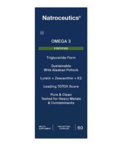 Natroceutics Omega 3 fortified health supplement packaging, highlighting triglyceride form, sustainable wild Alaskan pollock, lutein, zeaxanthin, K2, leading TOTOX score, and tested for heavy metals and contaminants, containing 60 fish softgel capsules.