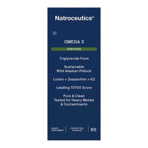 Natroceutics Omega 3 fortified health supplement packaging, highlighting triglyceride form, sustainable wild Alaskan pollock, lutein, zeaxanthin, K2, leading TOTOX score, and tested for heavy metals and contaminants, containing 60 fish softgel capsules.