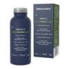 Blue bottle and box of Natroceutics Omega 3 fortified fish softgel capsules with text highlighting triglyceride form, sustainable wild Alaskan pollock, lutein, zeaxanthin, K2, leading TOTOX score, and testing for heavy metals and contaminants, each containing 60 capsules.