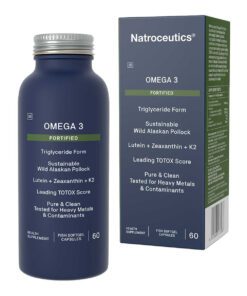 Blue bottle and box of Natroceutics Omega 3 fortified fish softgel capsules with text highlighting triglyceride form, sustainable wild Alaskan pollock, lutein, zeaxanthin, K2, leading TOTOX score, and testing for heavy metals and contaminants, each containing 60 capsules.