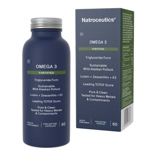 Blue bottle and box of Natroceutics Omega 3 fortified fish softgel capsules with text highlighting triglyceride form, sustainable wild Alaskan pollock, lutein, zeaxanthin, K2, leading TOTOX score, and testing for heavy metals and contaminants, each containing 60 capsules.