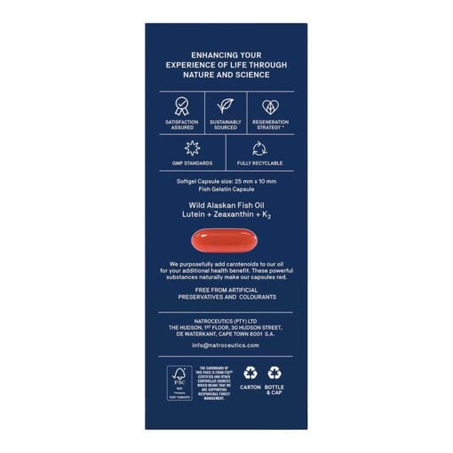 Blue product packaging for Wild Alaskan Fish Oil softgel capsules, featuring claims like satisfaction assured, sustainably sourced, regeneration strategy, GMP standards, and fully recyclable, with a single red softgel capsule image in the center and company contact information below.