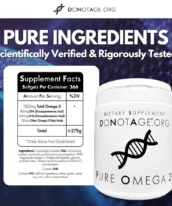 A dietary supplement bottle labeled DONOTAGE.ORG PURE OMEGA 3 next to a detailed Supplement Facts chart showing 366 softgels per container with omega-3 content and a list of ingredients on a blue background with white bold text reading PURE INGREDIENTS Scientifically Verified & Rigorously Tested.