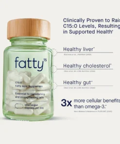 Green glass bottle with a wooden lid containing white capsules labeled fatty15, a fatty acid supplement essential for replenishing and strengthening cells, with claims of clinically proven health benefits including raising C15:0 levels for healthy liver, cholesterol, and gut, offering three times more cellular benefits than omega-3.