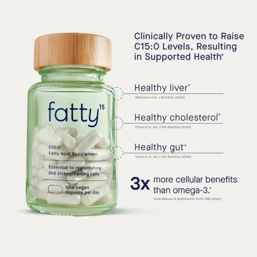 Green glass bottle with a wooden lid containing white capsules labeled fatty15, a fatty acid supplement essential for replenishing and strengthening cells, with claims of clinically proven health benefits including raising C15:0 levels for healthy liver, cholesterol, and gut, offering three times more cellular benefits than omega-3.