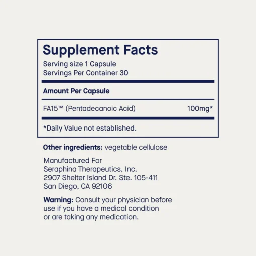 Supplement facts label showing serving size as 1 capsule and 30 servings per container, containing 100 mg of FA15 (Pentadecanoic Acid) per capsule with daily value not established; other ingredients include vegetable cellulose; manufactured for Seraphina Therapeutics, Inc. in San Diego, California; includes a warning to consult a physician before use if having a medical condition or taking medication.
