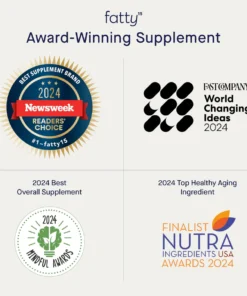 Fatty15 award-winning supplement announced with four 2024 awards: Newsweek Readers' Choice Best Supplement Brand, Fast Company World Changing Ideas finalist, Mindful Awards Best Overall Supplement, and Nutra Ingredients USA Awards 2024 Top Healthy Aging Ingredient finalist.