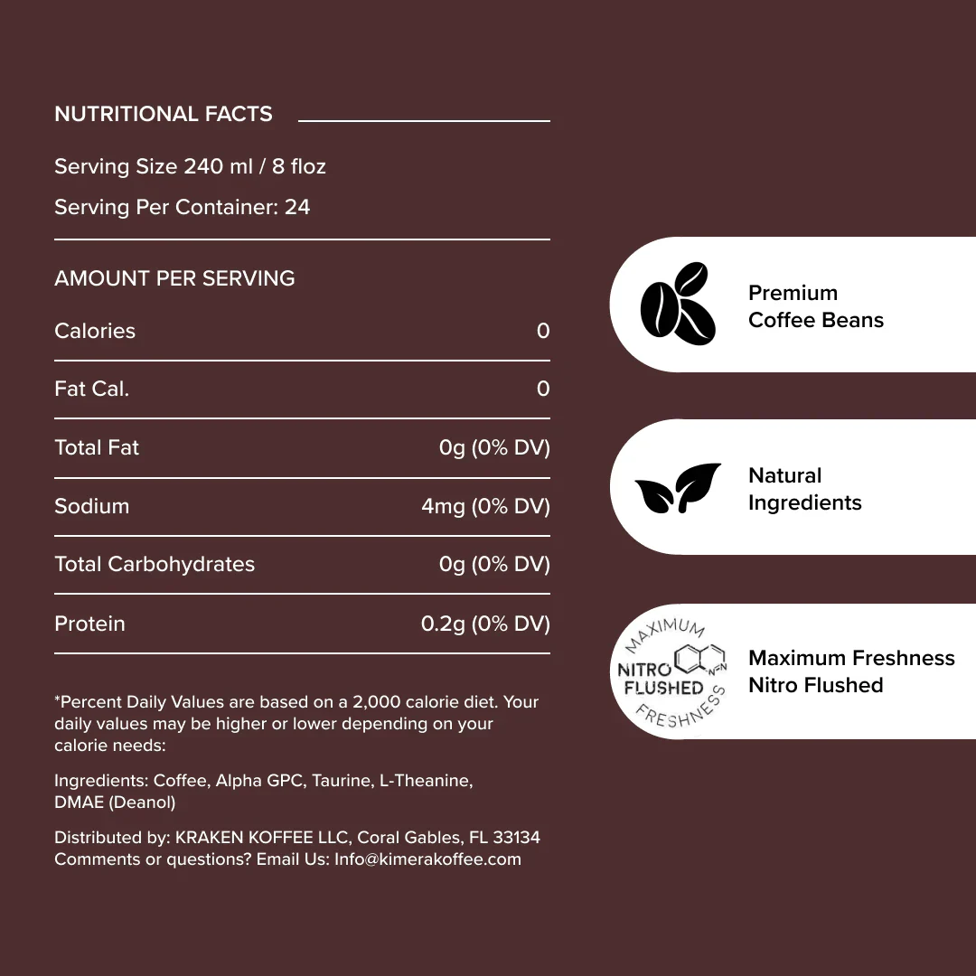Nutrition facts for a coffee product with serving size 240 ml and 24 servings per container, listing 0 calories, 0 fat, 4 mg sodium, 0 g carbohydrates, and 0.2 g protein per serving, with ingredients including coffee, Alpha GPC, taurine, L-theanine, and DMAE, plus icons highlighting premium coffee beans, natural ingredients, and maximum freshness with nitro flushed packaging.