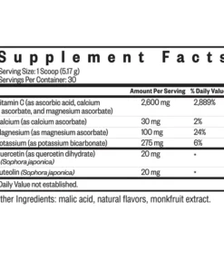 Supplement facts label showing serving size of 1 scoop (5.17 g) and 30 servings per container, listing amounts per serving and daily values for Vitamin C (2600 mg, 2889%), Calcium (30 mg, 2%), Magnesium (100 mg, 24%), Potassium (275 mg, 6%), Quercetin (20 mg, daily value not established), and Luteolin (20 mg, daily value not established), with other ingredients including malic acid, natural flavors, and monkfruit extract.