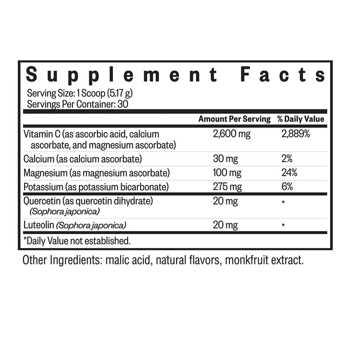 Supplement facts label showing serving size of 1 scoop (5.17 g) and 30 servings per container, listing amounts per serving and daily values for Vitamin C (2600 mg, 2889%), Calcium (30 mg, 2%), Magnesium (100 mg, 24%), Potassium (275 mg, 6%), Quercetin (20 mg, daily value not established), and Luteolin (20 mg, daily value not established), with other ingredients including malic acid, natural flavors, and monkfruit extract.