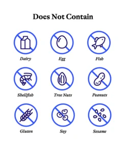 Grid of nine blue circles with diagonal lines indicating absence, labeled as does not contain dairy, egg, fish, shellfish, tree nuts, peanuts, gluten, soy, and sesame, with corresponding simple line icons inside each circle.