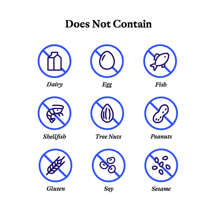 Grid of nine blue circles with diagonal lines indicating absence, labeled as does not contain dairy, egg, fish, shellfish, tree nuts, peanuts, gluten, soy, and sesame, with corresponding simple line icons inside each circle.