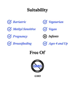 Suitability list showing checkmarks for Bariatric, Methyl Sensitive, Pregnancy, Breastfeeding, Vegetarian, Vegan, and Ages 4 and Up, with a cross mark for Infants; below, a 'Free Of' section indicates the product is free of GMO with a no GMO symbol.