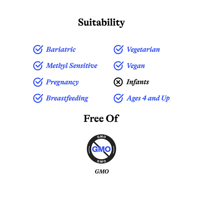 Suitability list showing checkmarks for Bariatric, Methyl Sensitive, Pregnancy, Breastfeeding, Vegetarian, Vegan, and Ages 4 and Up, with a cross mark for Infants; below, a 'Free Of' section indicates the product is free of GMO with a no GMO symbol.