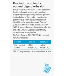 Text explaining BioGaia Gastrus probiotic capsules for digestive health, describing its dual strain lactic acid bacterium Limosilactobacillus reuteri, effectiveness, safety, FODMAP friendliness, and a table showing CFU counts for 1 and 2 capsules.