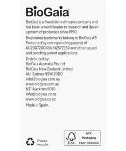 Text information about BioGaia, a Swedish healthcare company specializing in probiotics since 1990, with distribution details for Australia and New Zealand, contact emails, websites, and a note that the product is made in Spain, including recycling and FSC packaging logos at the bottom.