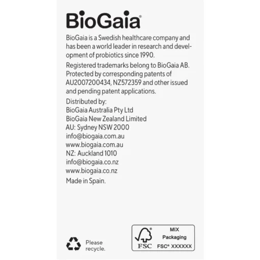 Text information about BioGaia, a Swedish healthcare company specializing in probiotics since 1990, with distribution details for Australia and New Zealand, contact emails, websites, and a note that the product is made in Spain, including recycling and FSC packaging logos at the bottom.