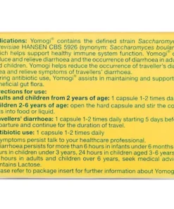Text describing Yomogi probiotic capsule uses, dosage for adults, children, travelers, and antibiotic use, plus medical advice guidelines.