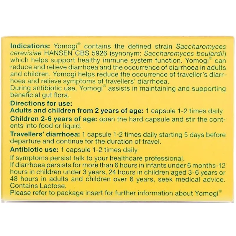 Text describing Yomogi probiotic capsule uses, dosage for adults, children, travelers, and antibiotic use, plus medical advice guidelines.