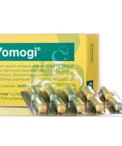 Box of Yomogi probiotic capsules with green and beige capsules visible in blister pack in front of the packaging.