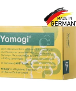 Yomogi probiotic capsules box with details on contents and trademark, made in Germany logo above the box.