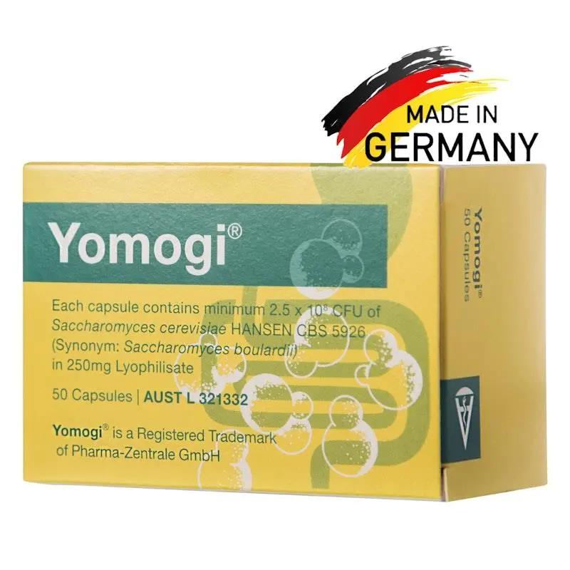Yomogi probiotic capsules box with details on contents and trademark, made in Germany logo above the box.