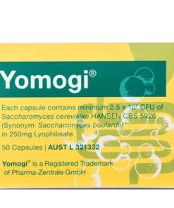 Yellow and green box of Yomogi capsules, containing probiotic Saccharomyces cerevisiae in 50 capsules.