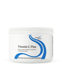 White container of Seeking Health Vitamin C Plus dietary supplement with blue curved design on label and white lid