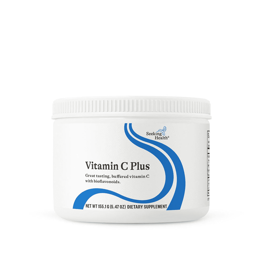 White container of Seeking Health Vitamin C Plus dietary supplement with blue curved design on label and white lid