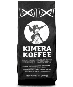 Black coffee bag labeled Kimera Koffee Dark Roast featuring a DNA helix design and claims of cognitive enhancement, boosted energy, optimized focus, and enhanced athletic performance, net weight 12 oz (340 g)