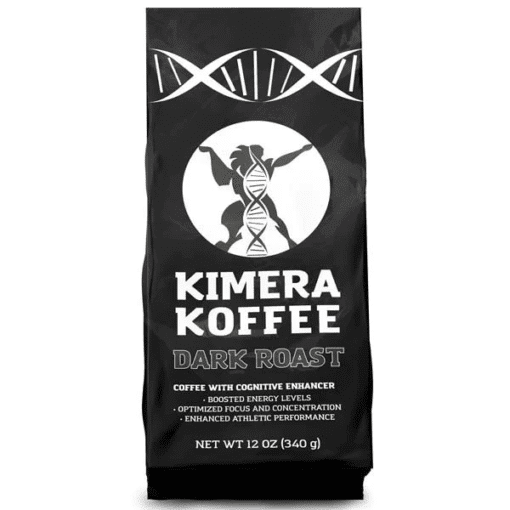 Black coffee bag labeled Kimera Koffee Dark Roast featuring a DNA helix design and claims of cognitive enhancement, boosted energy, optimized focus, and enhanced athletic performance, net weight 12 oz (340 g)