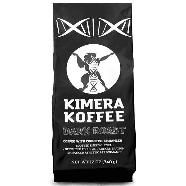 Black coffee bag labeled Kimera Koffee Dark Roast featuring a DNA helix design and claims of cognitive enhancement, boosted energy, optimized focus, and enhanced athletic performance, net weight 12 oz (340 g)
