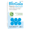 Box of BioGaia Gastrus Pure Action probiotic vegan capsules dietary supplement with 200 million CFU to soothe irritable bowel, supports abdominal discomfort, gas and bloating, with FODMAP friendly approval, contains 60 capsules