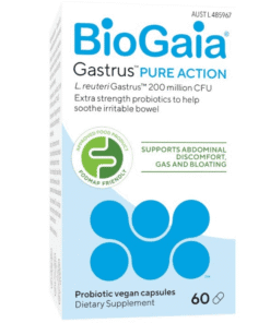 Box of BioGaia Gastrus Pure Action probiotic vegan capsules dietary supplement with 200 million CFU to soothe irritable bowel, supports abdominal discomfort, gas and bloating, with FODMAP friendly approval, contains 60 capsules