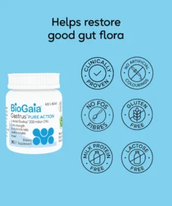 Bottle of BioGaia Gastrus Pure Action dietary supplement with text noting it helps restore good gut flora, and icons indicating it is clinically proven, contains no artificial colourings, no FOS fibres, gluten free, milk protein free, and lactose free on a blue background.