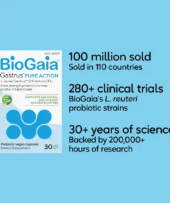 Box of BioGaia Gastrus Pure Action probiotics with claims of 100 million units sold in 110 countries, 280+ clinical trials of L. reuteri strains, and over 30 years of science backed by 200,000+ hours of research on a light blue background.