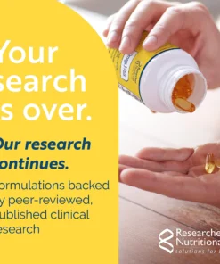 Person pouring softgel capsules from a yellow-labeled bottle into their hand, with text on the left side saying 