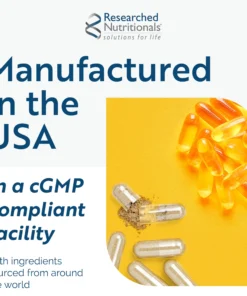 Researched Nutritionals logo above text stating products are manufactured in the USA in a cGMP compliant facility with ingredients sourced globally, alongside a yellow background with clear capsules filled with powder and yellow softgel capsules.