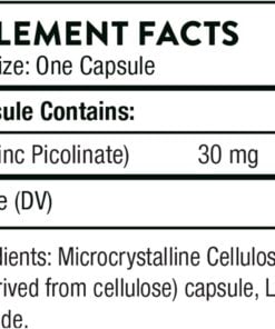 Supplement facts for one capsule containing 30 mg of zinc as zinc picolinate, providing 273% of the daily value, with other ingredients including microcrystalline cellulose, hypromellose capsule, leucine, and silicon dioxide.