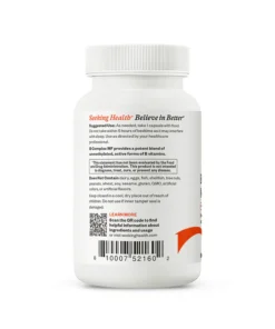 Back view of a white Seeking Health supplement bottle with usage instructions, warnings, a QR code, and a barcode on the label.