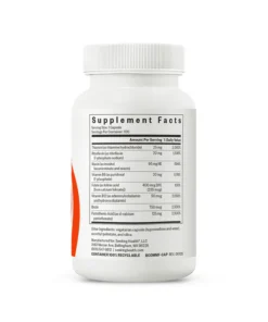 Back view of a white bottle showing a supplement facts label listing vitamins and other nutrients with their amounts and daily values, including thiamin, riboflavin, niacin, vitamin B6, folate, vitamin B12, biotin, and pantothenic acid, along with manufacturer information and other ingredients.