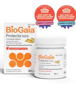 BioGaia Protectis Kids chewable tablets dietary supplement in strawberry flavour, showing a white box and a white jar with orange and black text, featuring awards for best baby or toddler vitamin or supplement in 2025 from kiindred awards for parent's choice and expert's choice