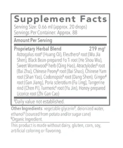 Supplement Facts label showing serving size 0.66 ml (approx. 20 drops), approx. 88 servings per container, proprietary herbal blend 219 mg including Astragalus root, Eleuthero root, Black Bean-prepared Fo Ti root, Sweet Wormwood herb, Atractylodes root, Chinese Peony root, Chinese Yam root, Codonopsis root, Ginger root, Poria sclerotium, Tangerine rind, Turmeric root, and Honey-prepared Licorice root, with daily value not established. Other ingredients: vegetable glycerin, deionized water, ethanol from potato and/or sugar cane. Product made without dairy, gluten, corn, soy, artificial coloring or flavoring.