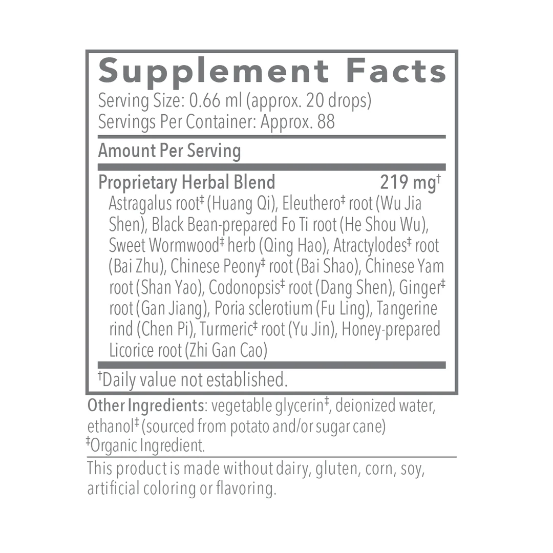 Supplement Facts label showing serving size 0.66 ml (approx. 20 drops), approx. 88 servings per container, proprietary herbal blend 219 mg including Astragalus root, Eleuthero root, Black Bean-prepared Fo Ti root, Sweet Wormwood herb, Atractylodes root, Chinese Peony root, Chinese Yam root, Codonopsis root, Ginger root, Poria sclerotium, Tangerine rind, Turmeric root, and Honey-prepared Licorice root, with daily value not established. Other ingredients: vegetable glycerin, deionized water, ethanol from potato and/or sugar cane. Product made without dairy, gluten, corn, soy, artificial coloring or flavoring.
