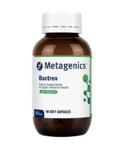 Brown bottle with white cap labeled Metagenics Bactrex, dietary supplement with 60 soft capsules for gut health and upper intestinal health