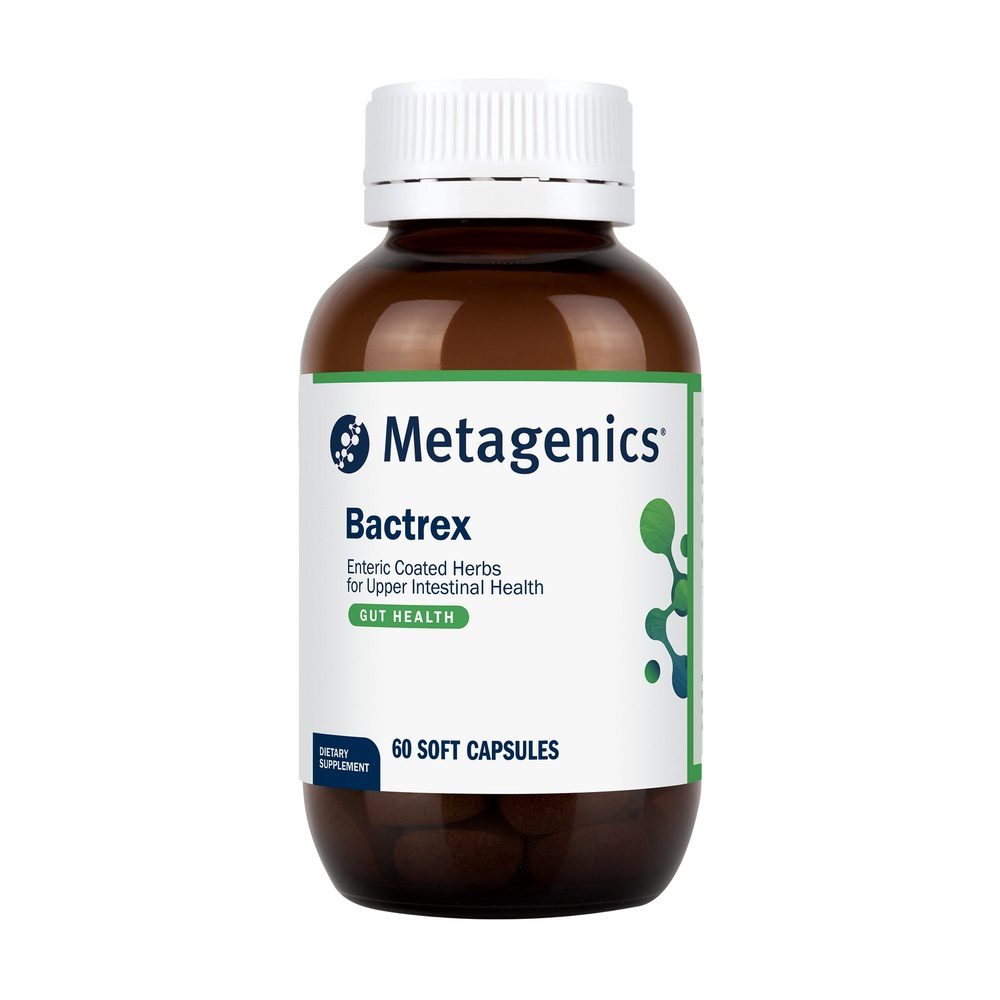 Brown bottle with white cap labeled Metagenics Bactrex, dietary supplement with 60 soft capsules for gut health and upper intestinal health